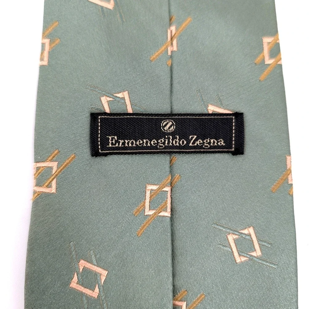 Ermenegildo Zegna Silk Tie Sage Green Geometric Diamond Made in Italy
